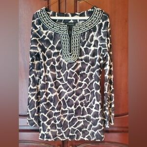 INC International Concepts Animal Print Embroidered Long Sleeve Tunic Top Sz M